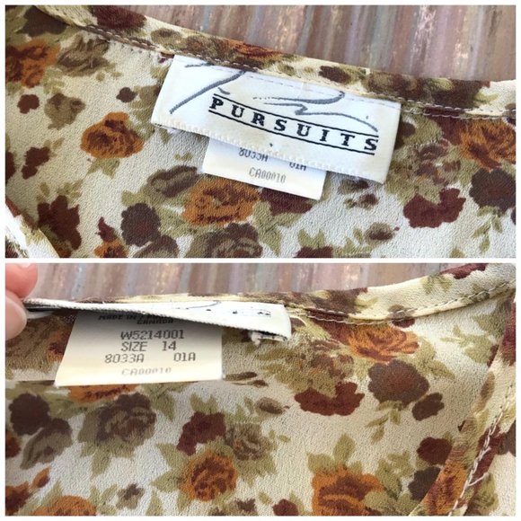 Vintage Ivory Chiffon Ruffle Blouse Brown Calico Floral Print Eaton Pursuits - Picture 4 of 4